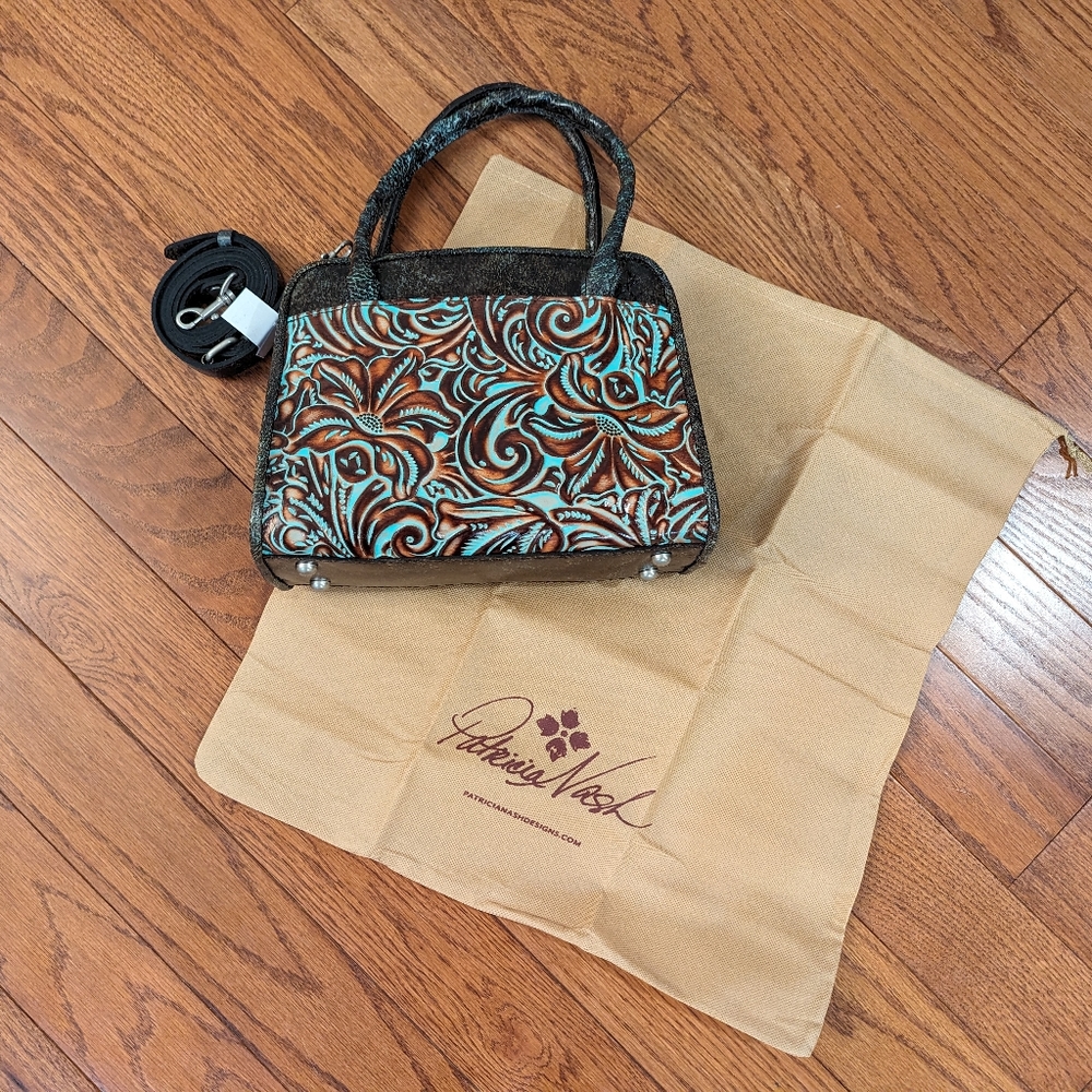 NWT PATRICIA NASH SMALL PARIS TURQUOISE SATCHEL HANDBAG TOOLED LEATHER FLORAL